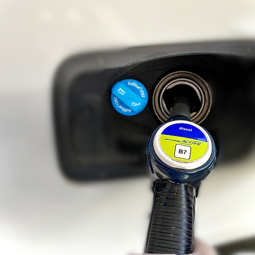 Manguera de un surtidor diésel de una gasolinera repostando un vehículo de color blanco