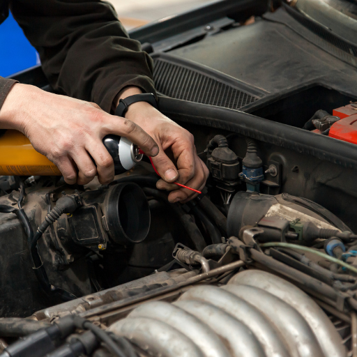 Hombre echando un espray limpiador a una admisión de un coche